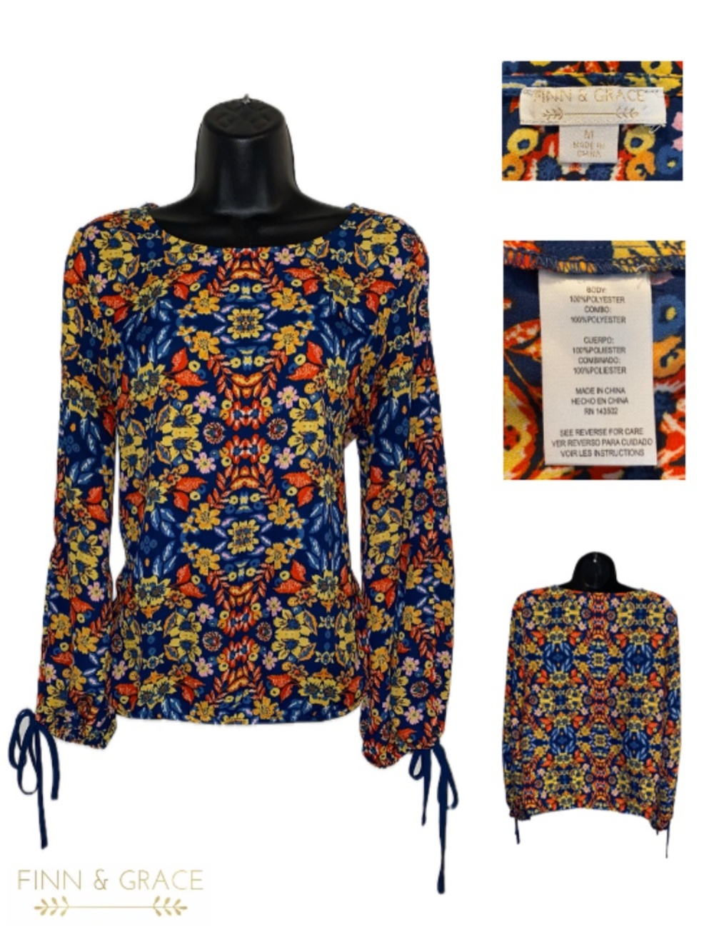 Finn & Grace Women's Long Sleeve Floral Print Blouse Size Medium